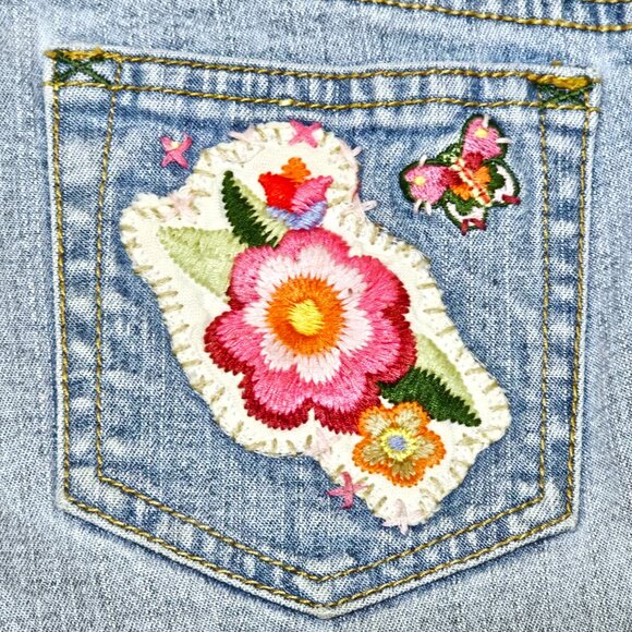 Skirt. Denim Pink Yellow Multi Tiered Floral Pattern. Upcycled Girls Size 10 GUC - Picture 16 of 16